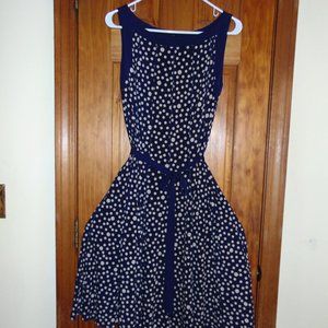 Glamour Women's Dress Sleeveless Polka Dot Navy & Tan Size 10 with tie belt